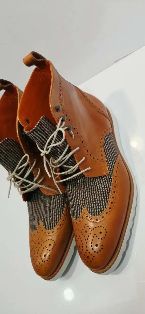 Stanlion Deluxe Brown Leather and Tweed Lace-Up Brogue Boot